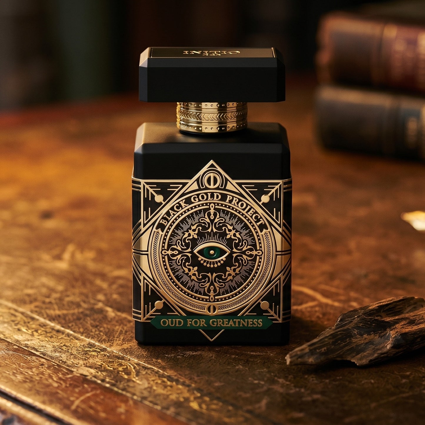 Initio Oud for Greatness NEO EDP on aged library leather with a small stack of resinous wood splinters