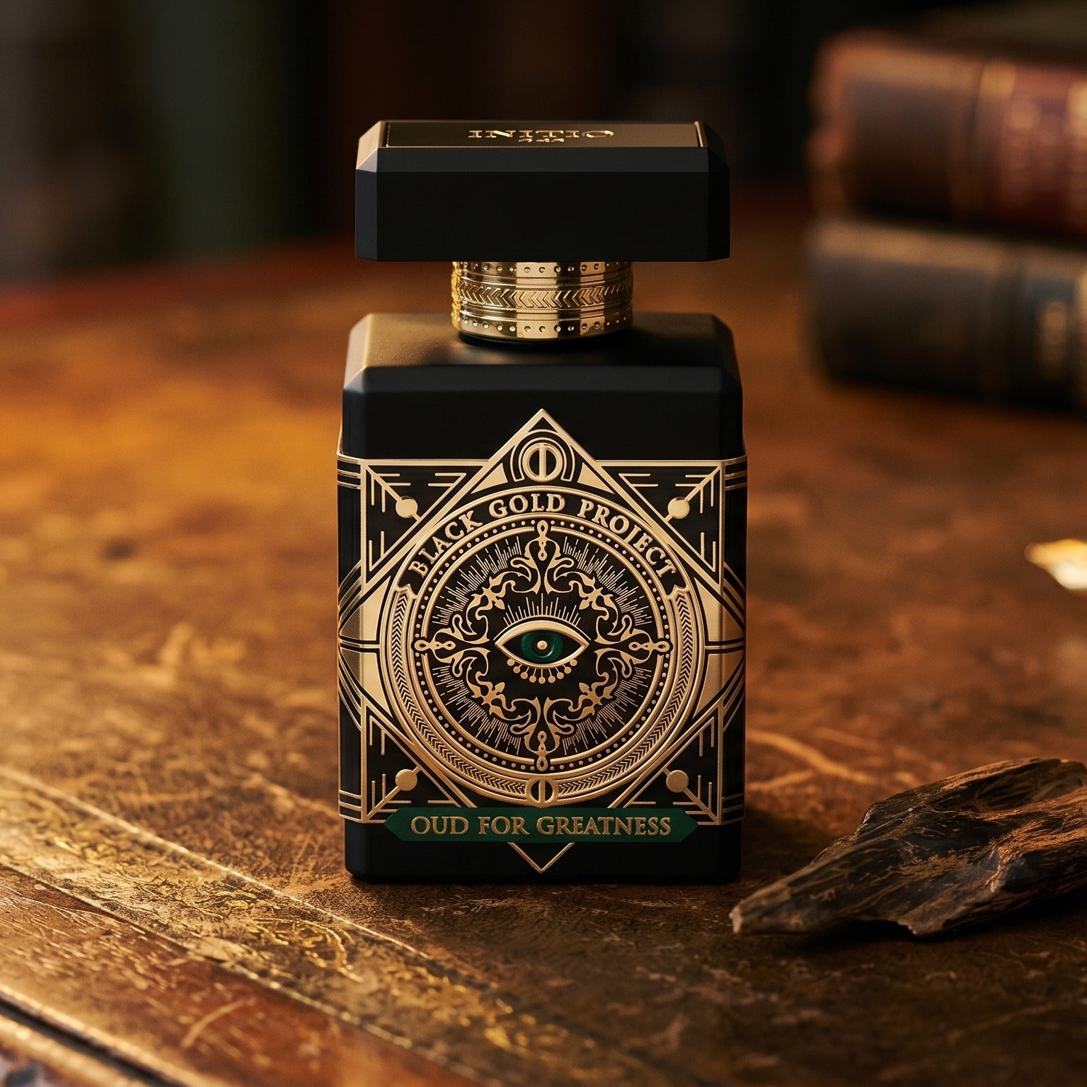 Initio Oud for Greatness NEO EDP on aged library leather with a small stack of resinous wood splinters
