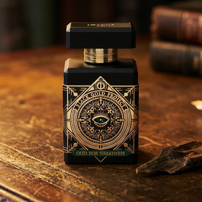 Initio Oud for Greatness NEO EDP on aged library leather with a small stack of resinous wood splinters