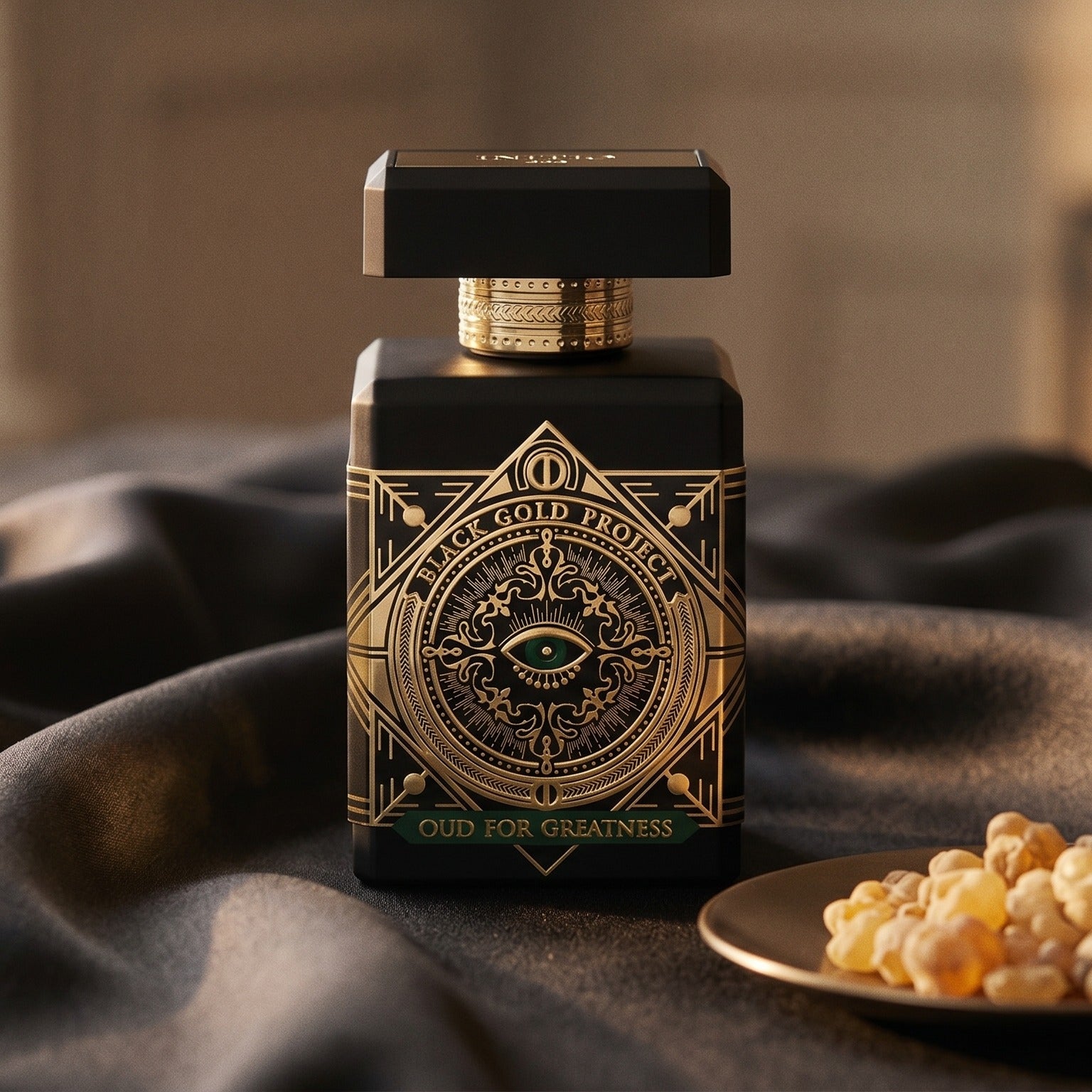 Initio Oud for Greatness NEO EDP on deep indigo silk with a tiny copper bowl of myrrh pellets