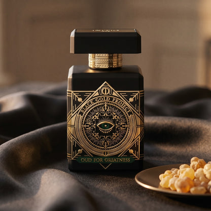 Initio Oud for Greatness NEO EDP on deep indigo silk with a tiny copper bowl of myrrh pellets