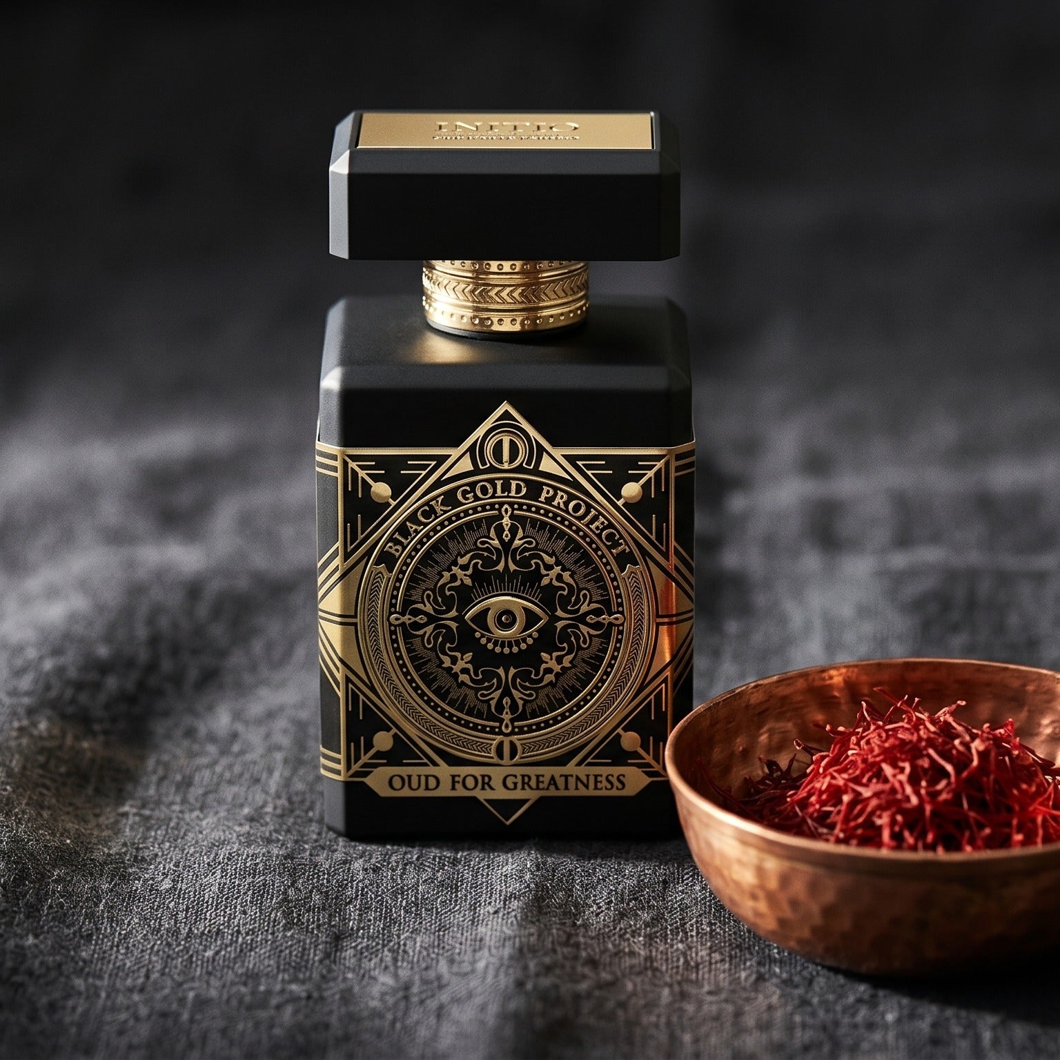 Initio Oud for Greatness on dark grey slate with a pile of star anise pods beside the bottle
