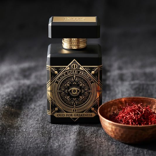 Initio Oud for Greatness on dark grey slate with a pile of star anise pods beside the bottle