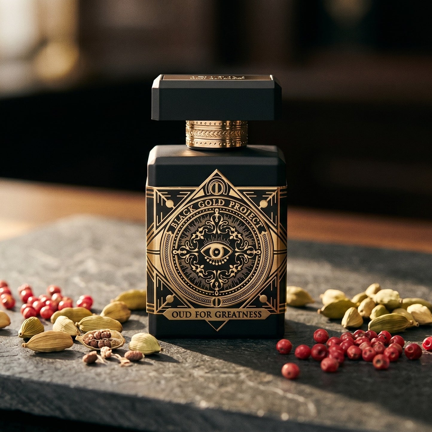 Initio Oud for Greatness on deep grey travertine with a scatter of nutmeg and allspice