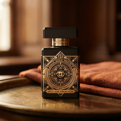 Initio Oud for Greatness on weathered brass plate with a wool scarf dyed in paprika red