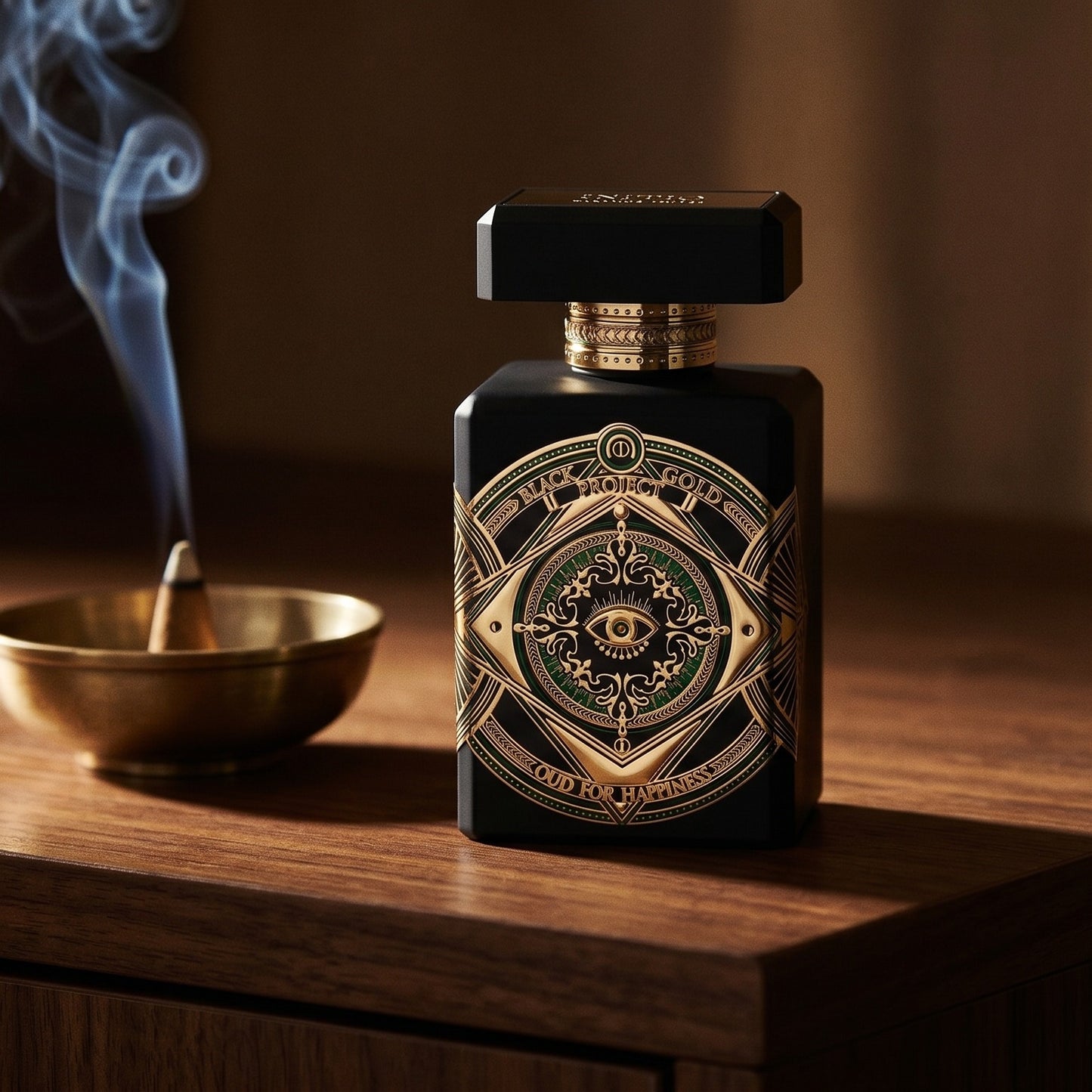 Initio Oud for Happiness on aged walnut board with dried agarwood shavings scattered loosely
