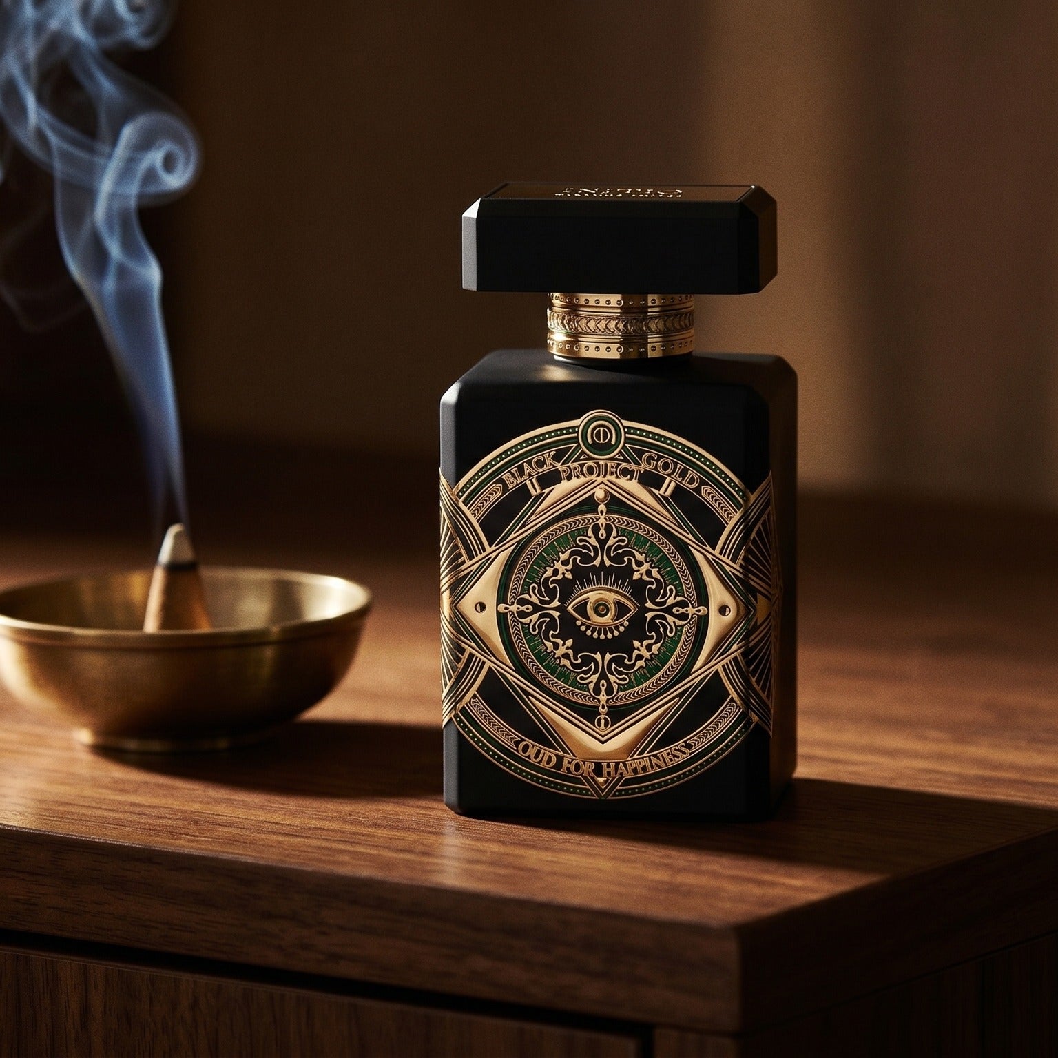 Initio Oud for Happiness on aged walnut board with dried agarwood shavings scattered loosely