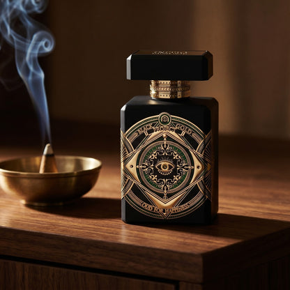 Initio Oud for Happiness on aged walnut board with dried agarwood shavings scattered loosely