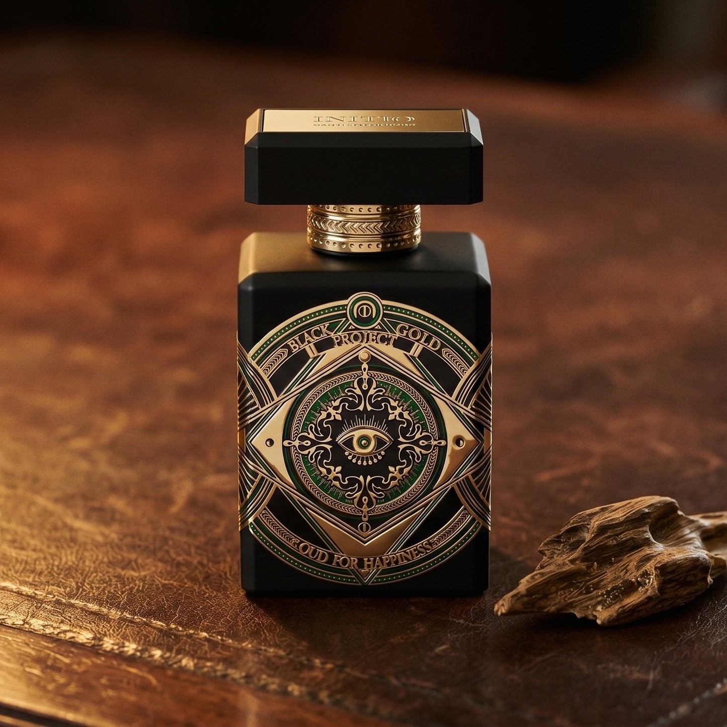 Initio Oud for Happiness on patinated leather tray with a pinch of frankincense beside the bottle