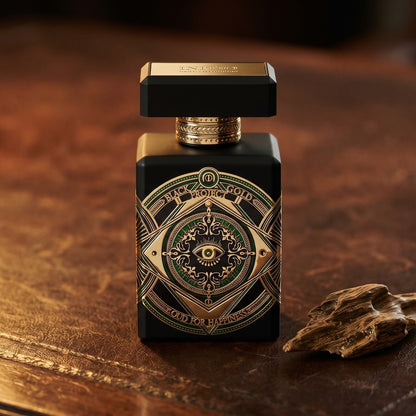 Initio Oud for Happiness on patinated leather tray with a pinch of frankincense beside the bottle
