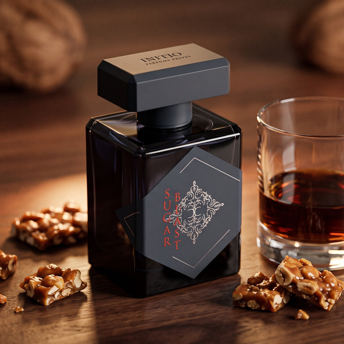 Initio Sugar Blast EDP on dark polished walnut with praline brittle and a glass of dark rum