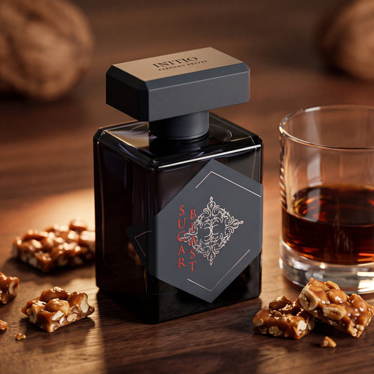 Initio Sugar Blast EDP on dark polished walnut with praline brittle and a glass of dark rum