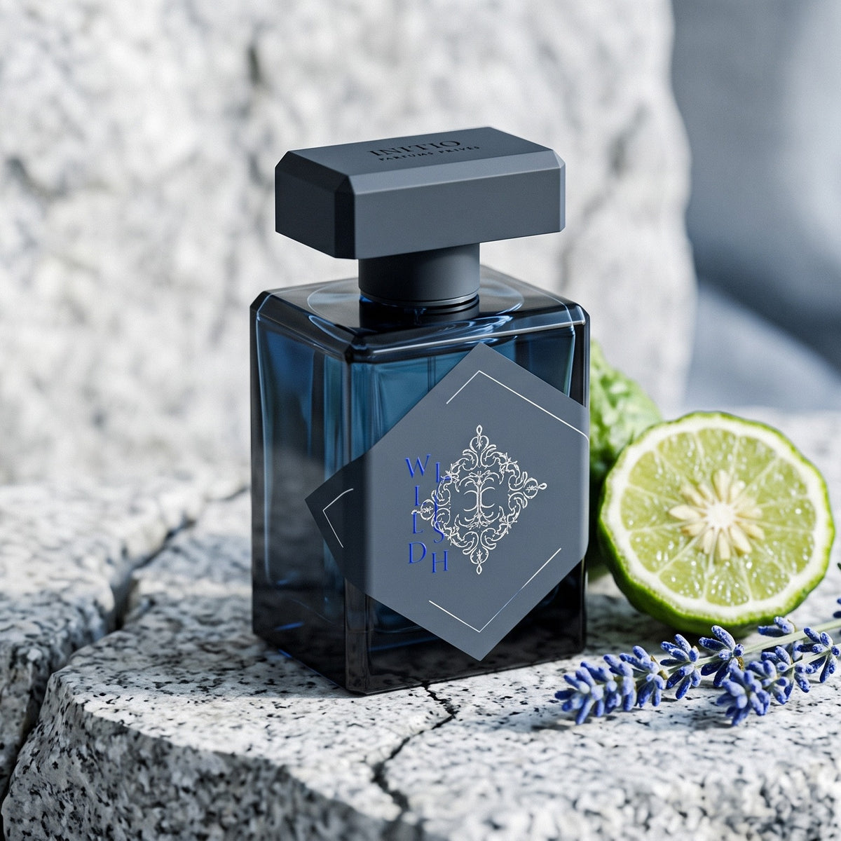 Initio Wild Rush EDP on pale grey stone with a halved bergamot and lavender stems
