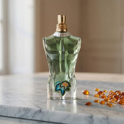 Jean Paul Gaultier Le Beau Paradise Garden on polished limestone with benzoin resin pebbles arranged loosely