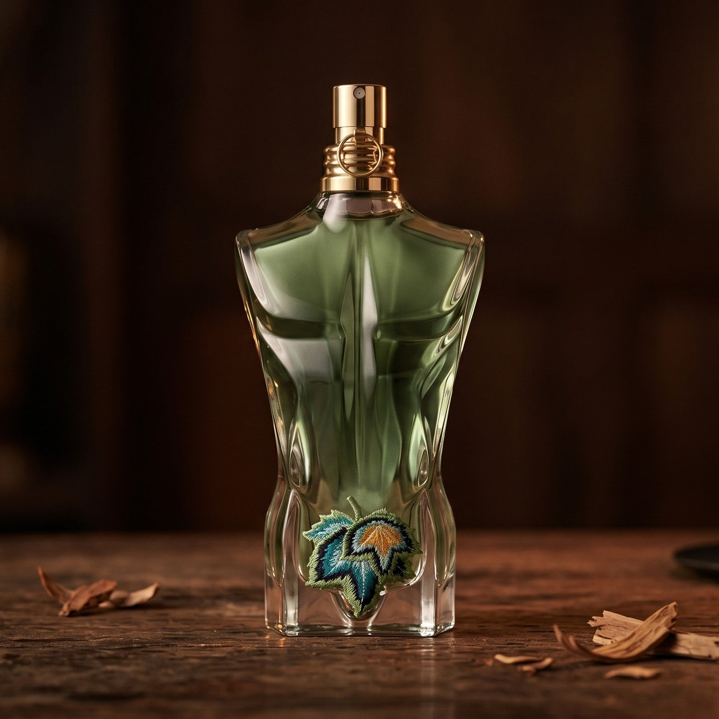 Jean Paul Gaultier Le Beau Paradise Garden on reclaimed oak surface with a glass hurricane lamp softly glowing