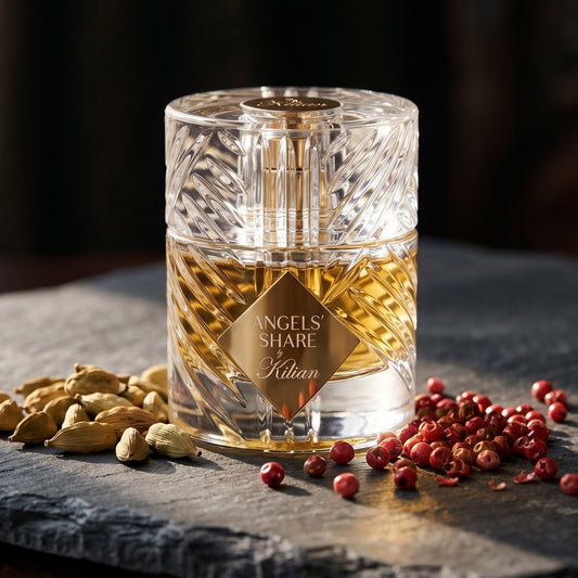 Kilian Angels Share EDP on blackened stone with a small copper tin of cumin and coriander
