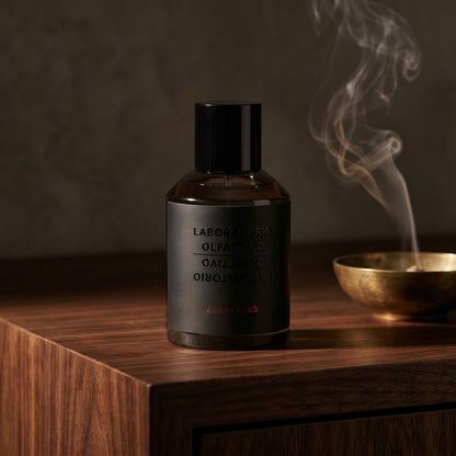 Laboratorio Olfattivo Amberbomb on charcoal slate with a slender oud chip and drifting incense smoke
