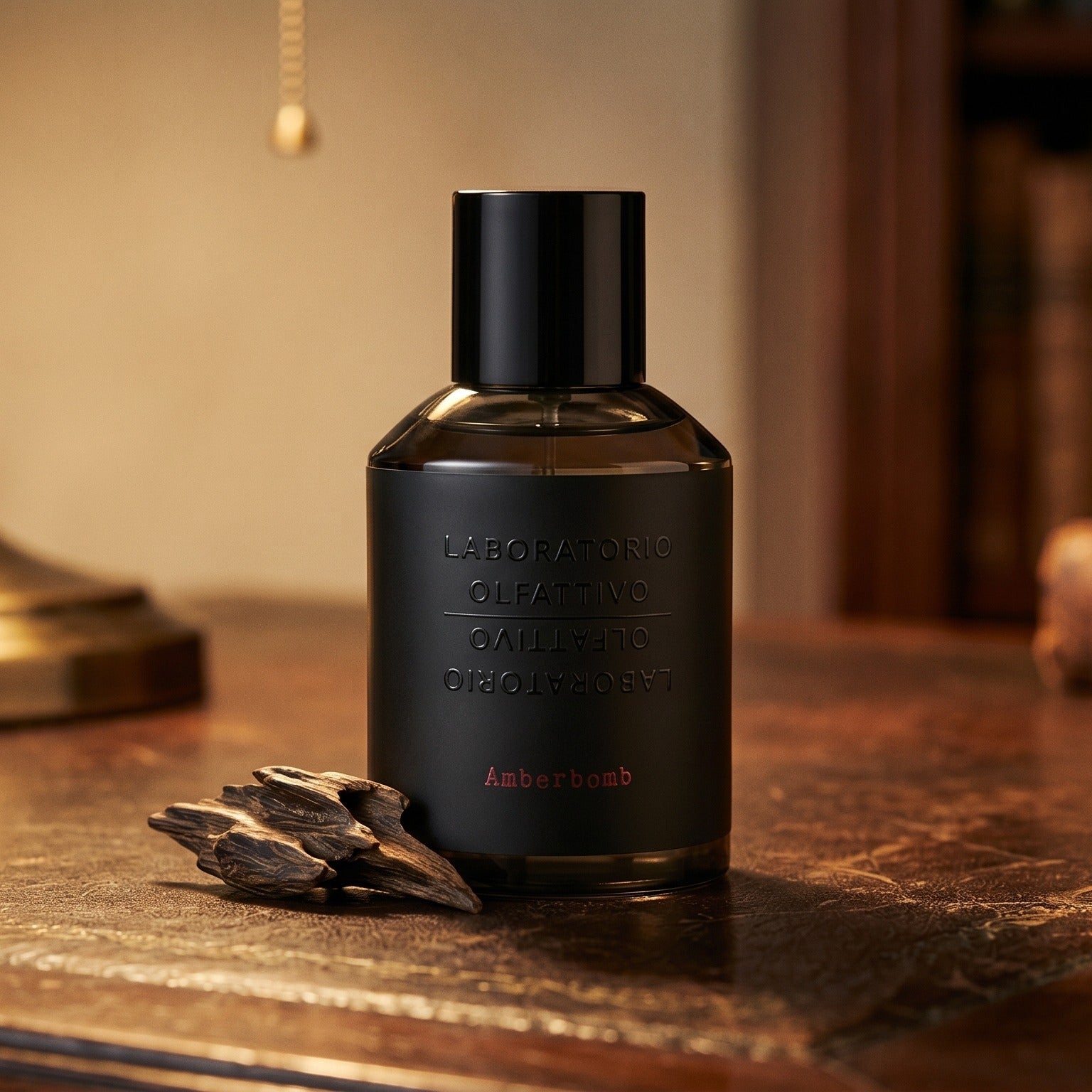 Laboratorio Olfattivo Amberbomb on worn saddle-leather surface with oud resin chunks in a small dish