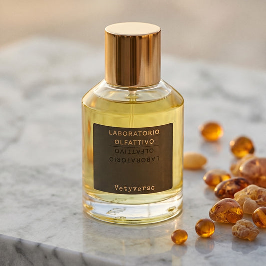 Laboratorio Olfattivo Vetyverso EDP on polished limestone with benzoin resin pebbles arranged loosely