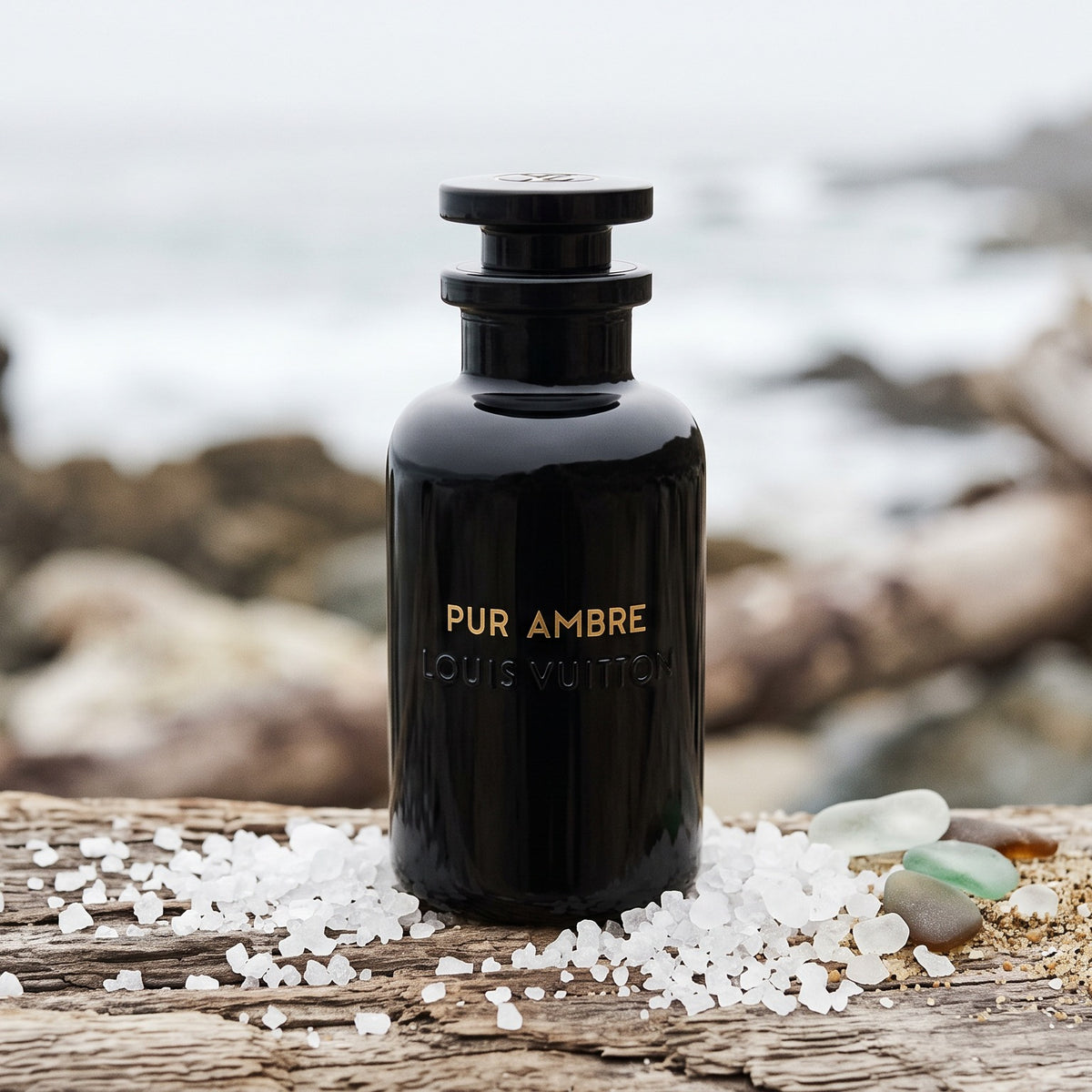 Louis Vuitton Pur Ambre - Pure Perfumes on weathered driftwood with driftwood and sea salt