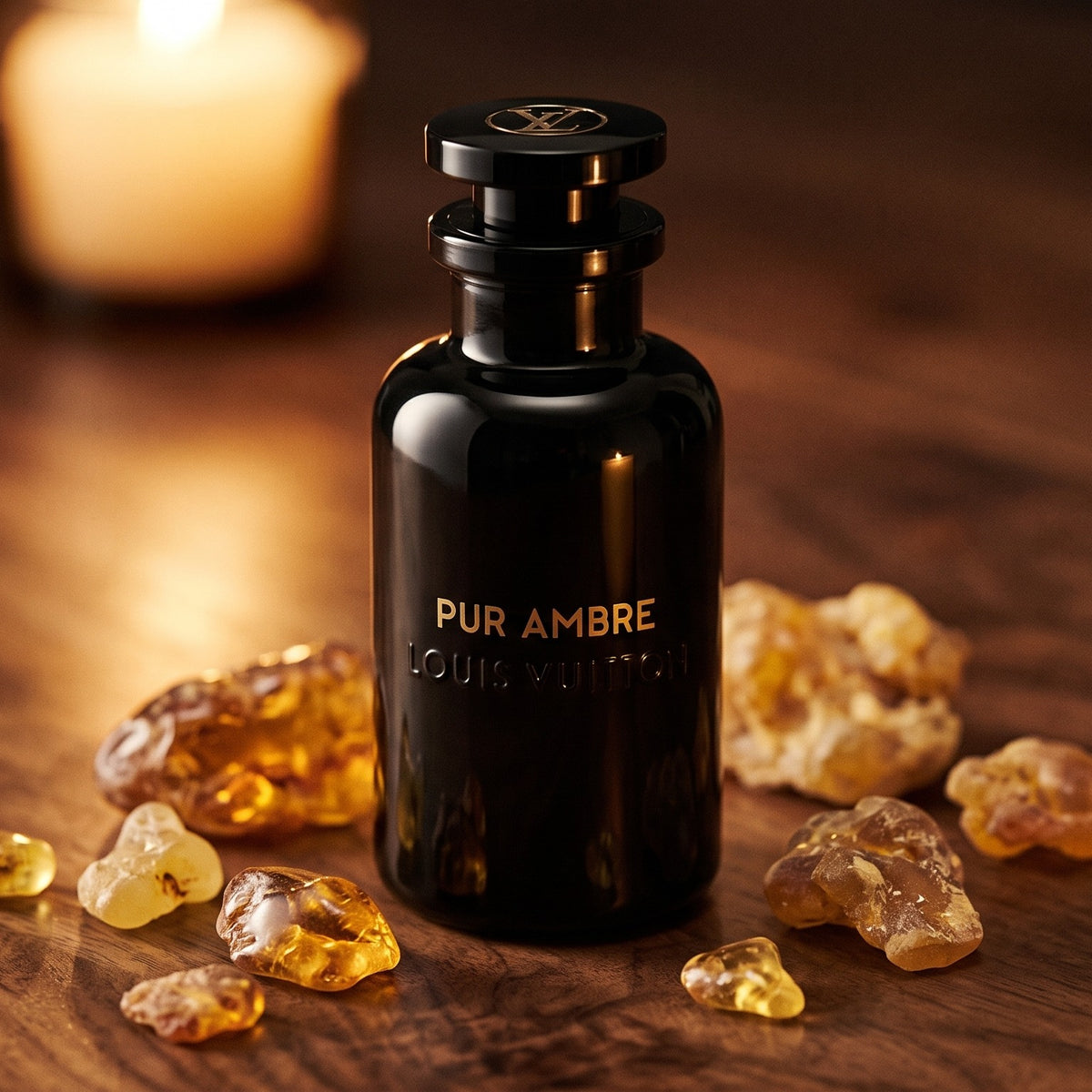 Louis Vuitton Pur Ambre - Pure Perfumes on warm dark walnut with golden amber resin