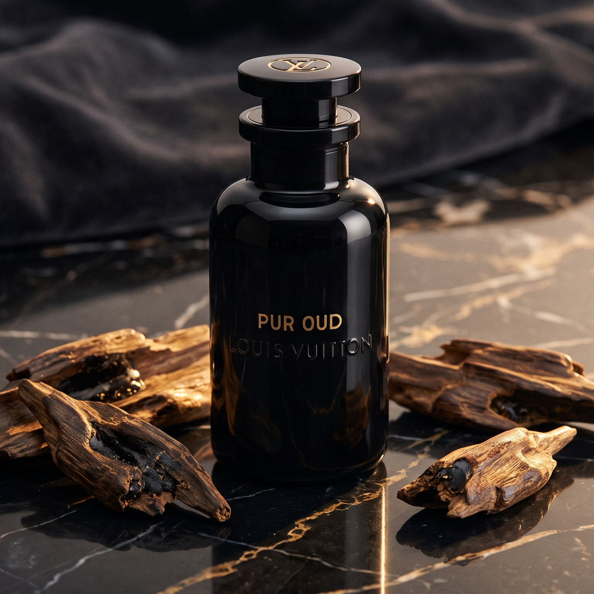 Louis Vuitton Pur Oud - Pure Perfumes on polished black marble with dark agarwood chips