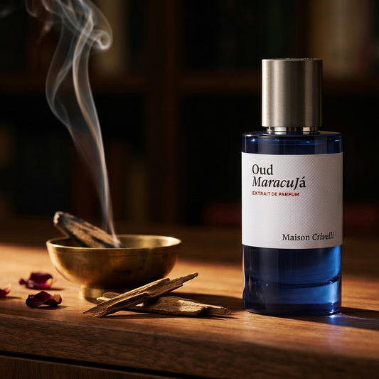 Maison Crivelli Oud Maracuja on aged walnut board with dried agarwood shavings scattered loosely