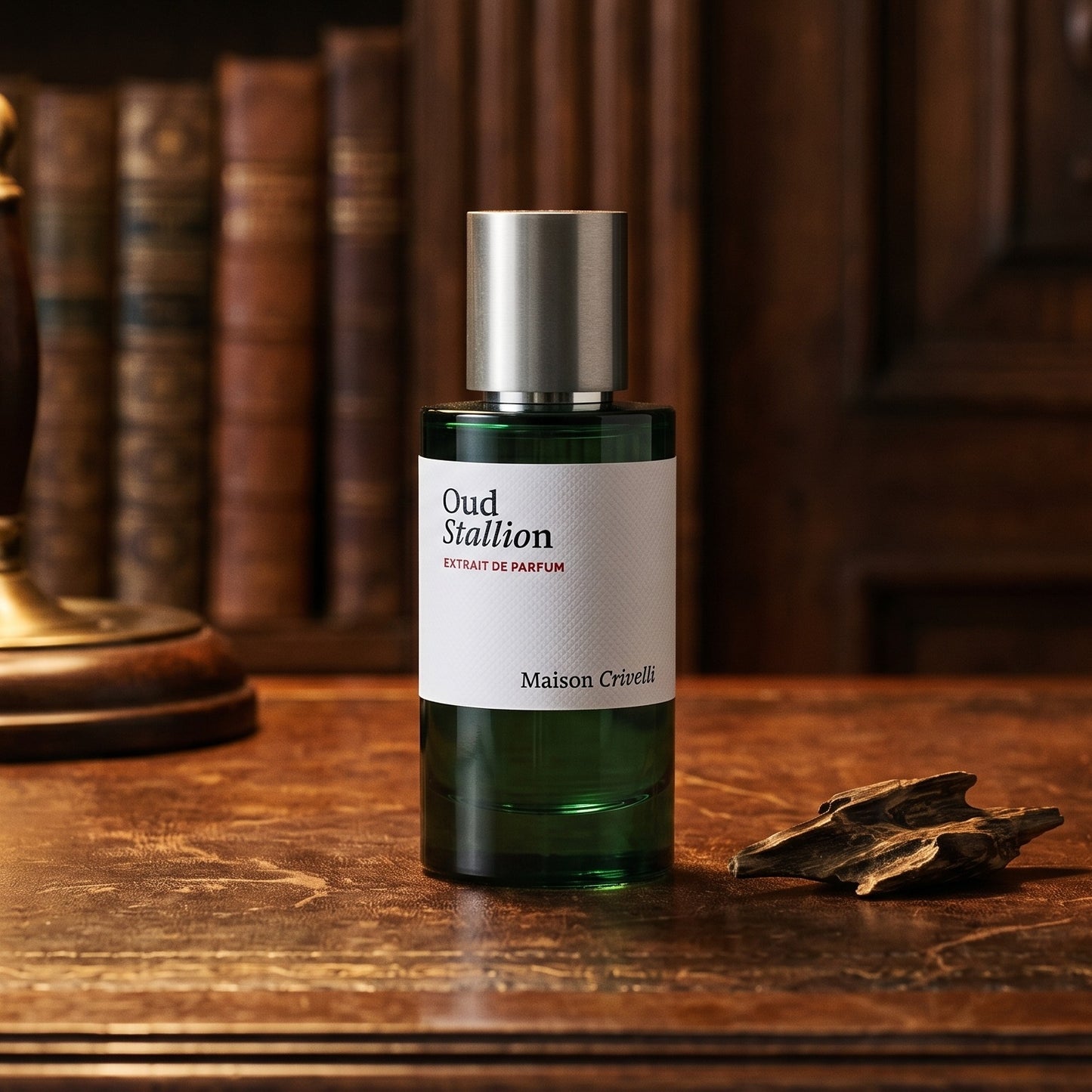 Maison Crivelli Oud Stallion EDP on dark tan leather desk with a brass lamp casting a warm pool of light