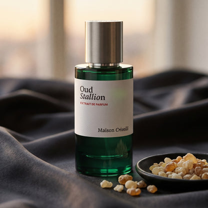 Maison Crivelli Oud Stallion EDP on charcoal silk with frankincense resin granules in a small saucer