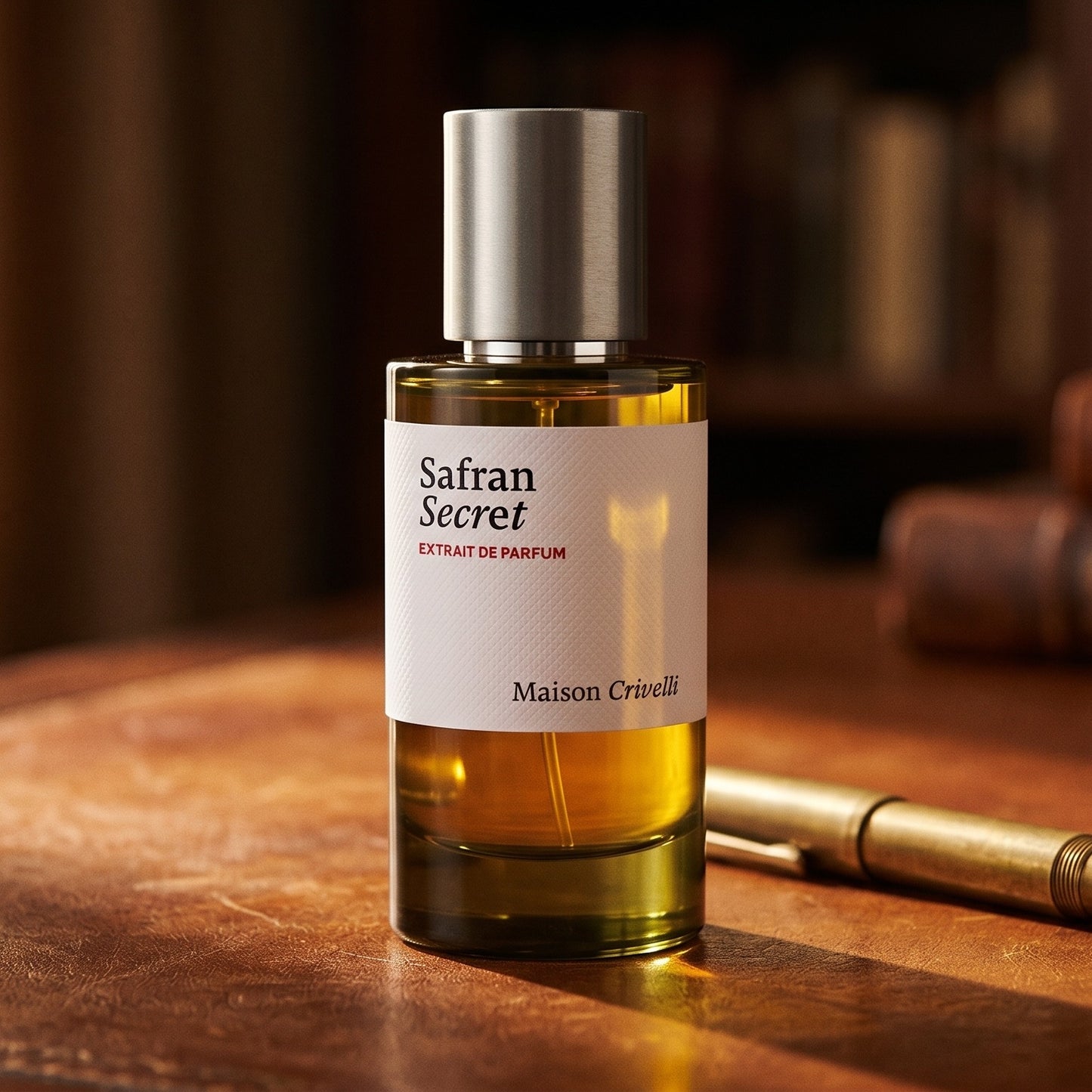 Maison Crivelli Safran Secret EDP on aged cognac-leather surface with a brass fountain pen resting beside it