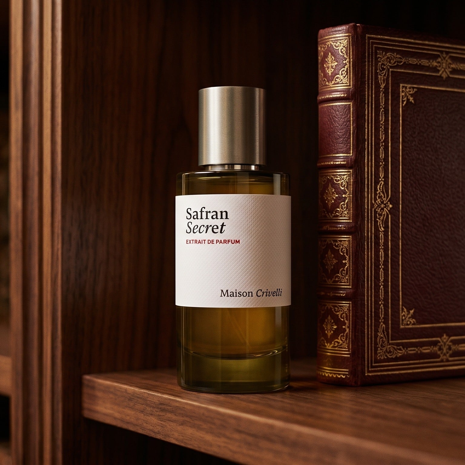 Maison Crivelli Safran Secret EDP on deep burgundy leather journal spread beside a crystal inkwell