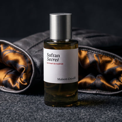 Maison Crivelli Safran Secret EDP on deep charcoal linen with a leather-strapped wristwatch lying flat
