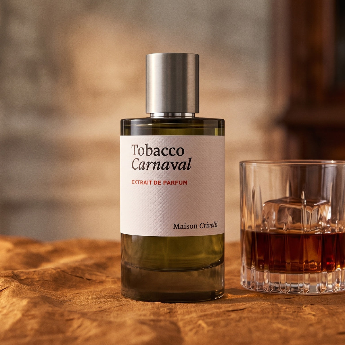 Maison Crivelli Tobacco Carnaval Extrait de Parfum on amber raw silk with a tumbler of dark rum and dried fruit