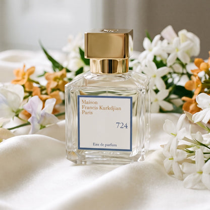 Maison Francis Kurkdjian (MFK) 724 EDP on ivory silk with jasmine, sweet pea and mock orange blossoms