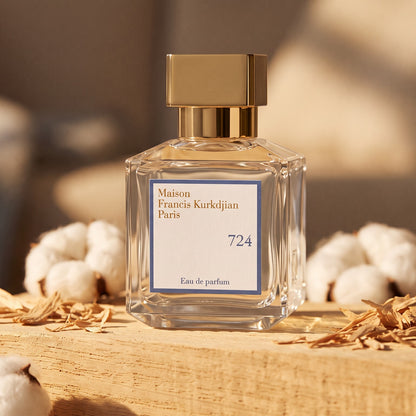Maison Francis Kurkdjian (MFK) 724 EDP on pale honey-toned sandalwood with sandalwood shavings and white cotton
