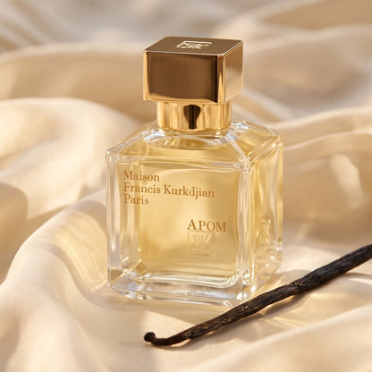 Maison Francis Kurkdjian (MFK) Apom EDP on cream silk with a single vanilla pod