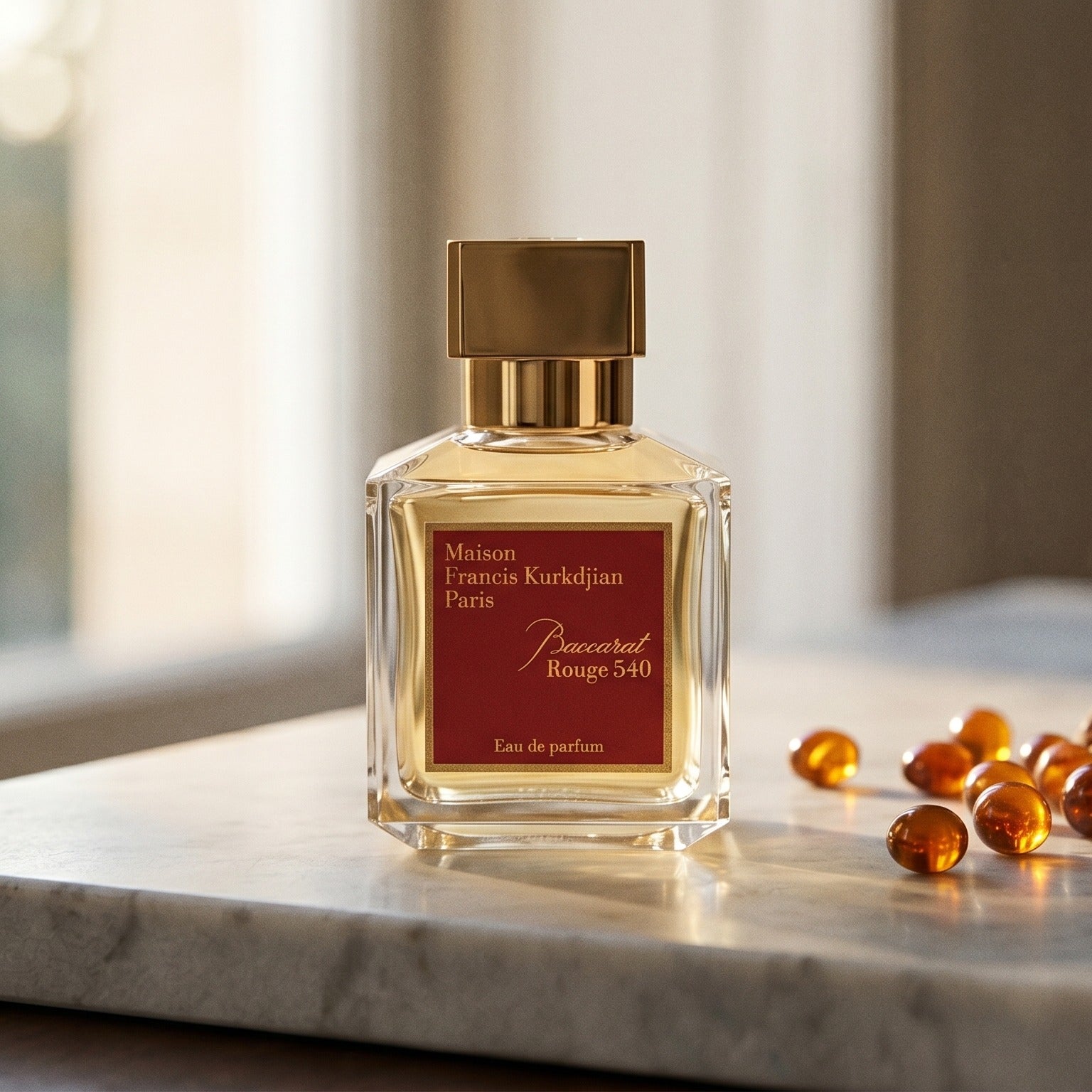 Maison Francis Kurkdjian (MFK) Baccarat Rouge 540 on cream stone with a scatter of honey-colored ambergris flakes