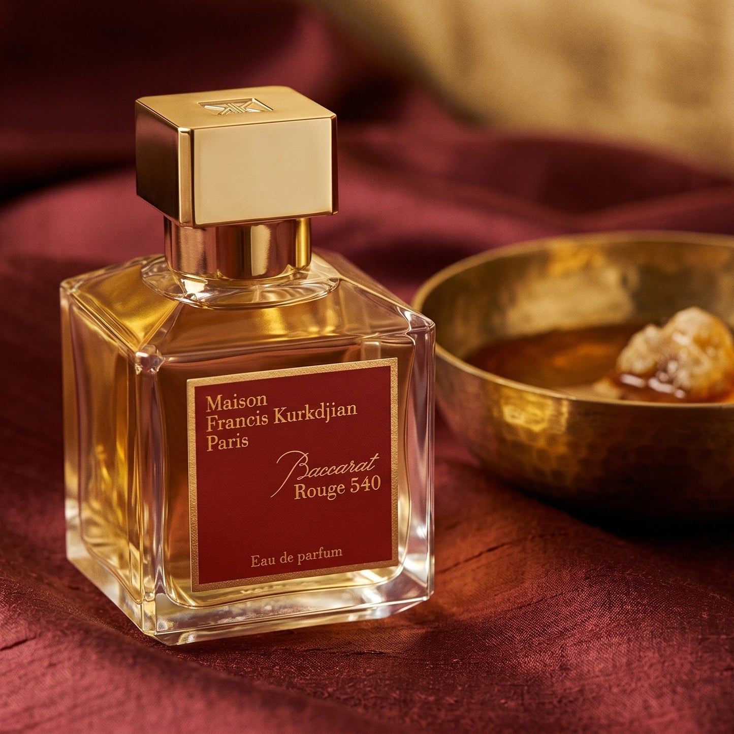 Maison Francis Kurkdjian (MFK) Baccarat Rouge 540 on raw silk of oxblood color with a brass bowl of ambergris tincture
