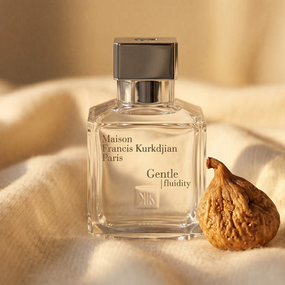 Maison Francis Kurkdjian (MFK) Gentle Fluidity Silver on ivory cashmere with a small cluster of spiced walnuts