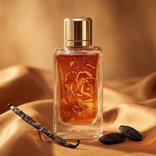 Maison Lancome Oud Bouquet EDP on golden silk with a small dish of crystallized honey