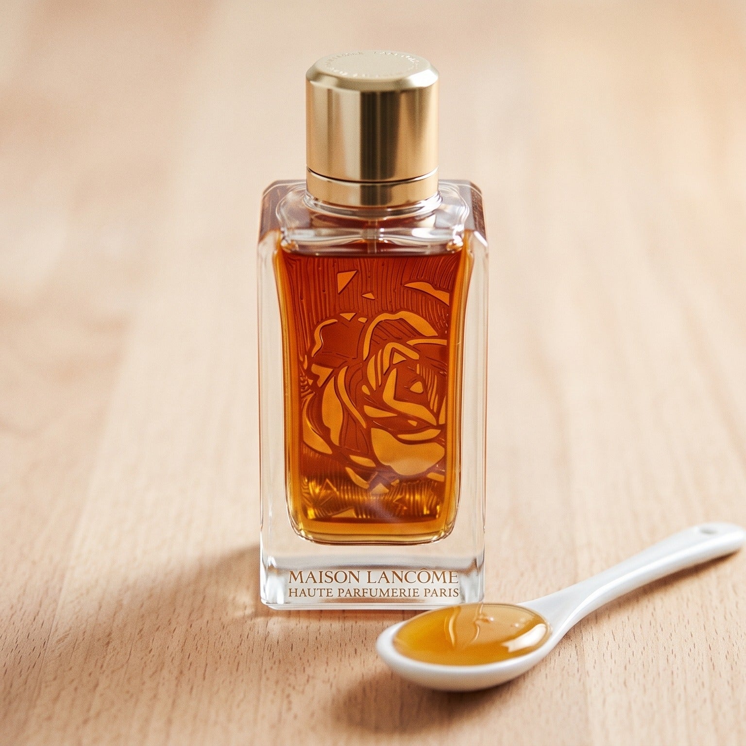 Maison Lancome Oud Bouquet EDP on ivory-stained wood with a small bowl of crystallized ginger