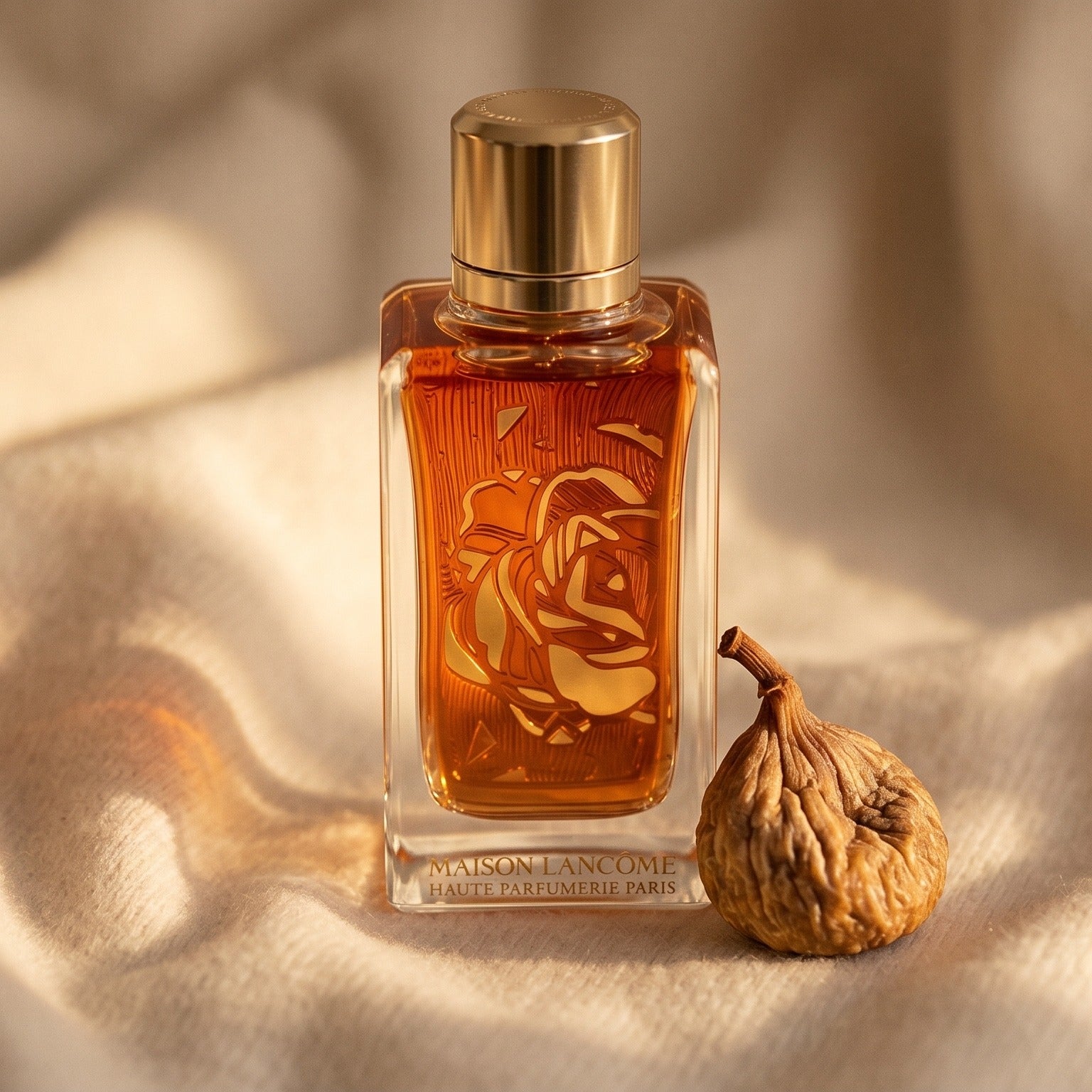 Maison Lancome Oud Bouquet EDP on beige wool with a halved dried date and a few almonds