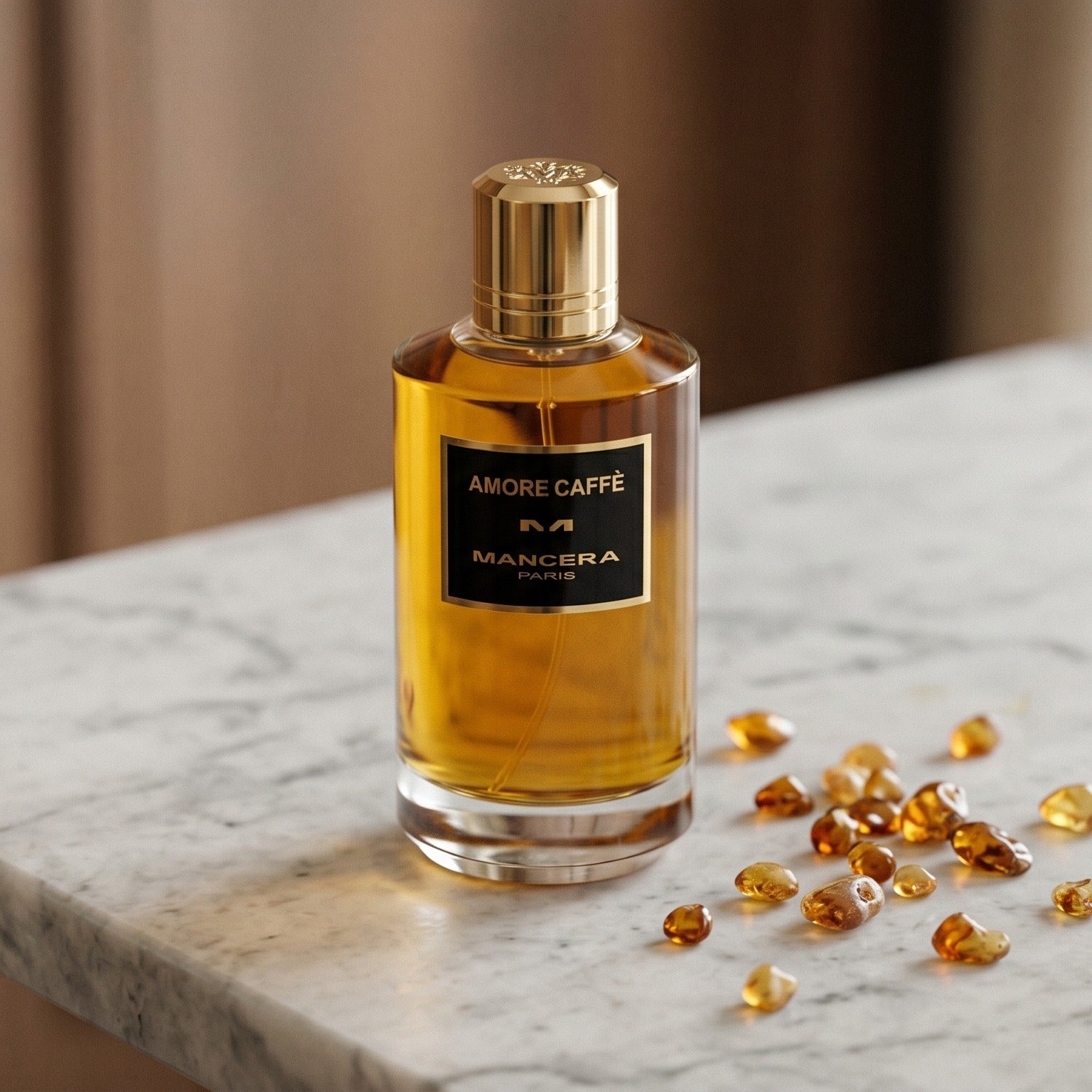 Mancera Amore Caffe on warm ivory travertine with labdanum chunks clustered by the base