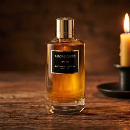 Mancera Amore Caffe on reclaimed oak surface with a glass hurricane lamp softly glowing