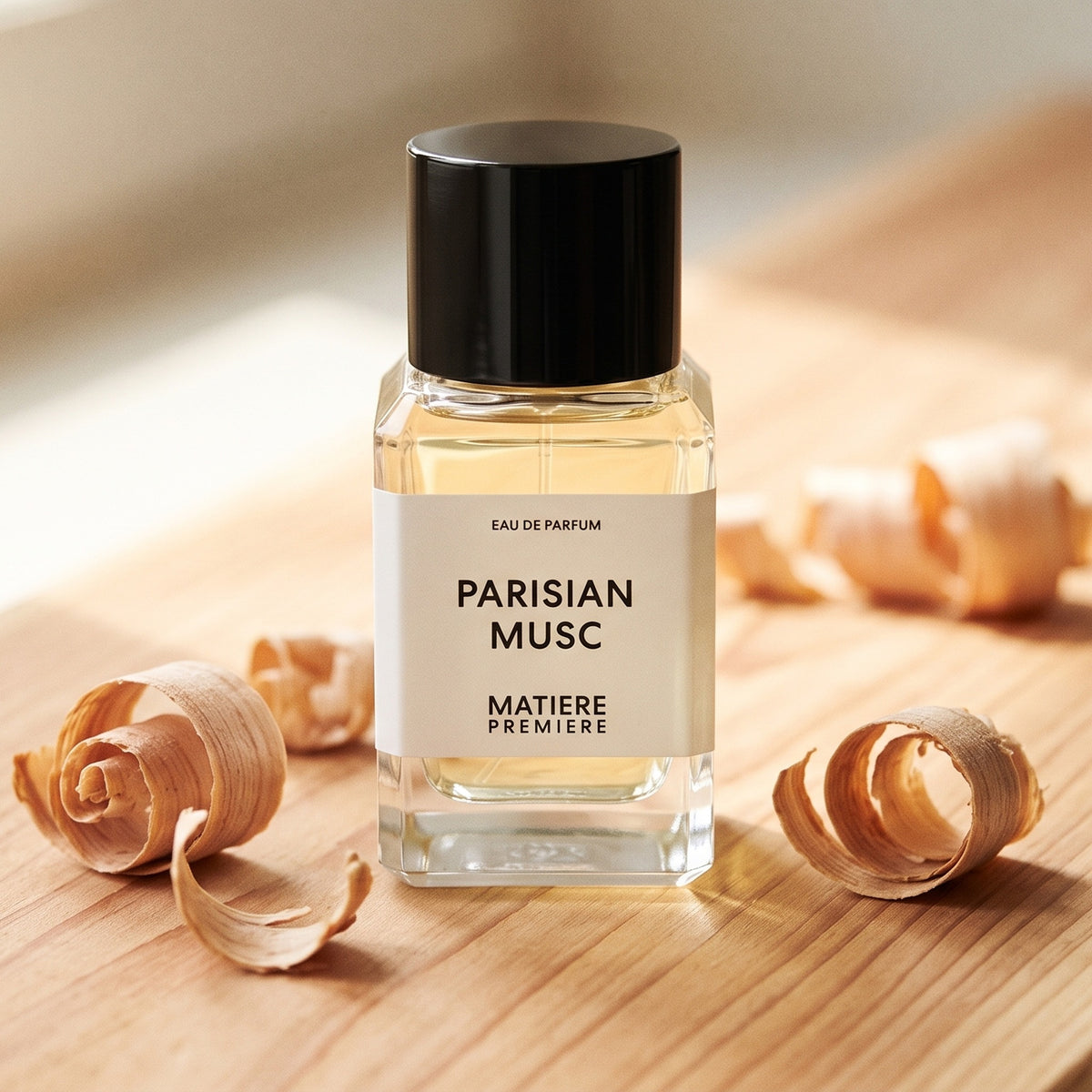 Matiere Premiere Parisian Musc EDP on light cedar board with a few curls of cedar shavings