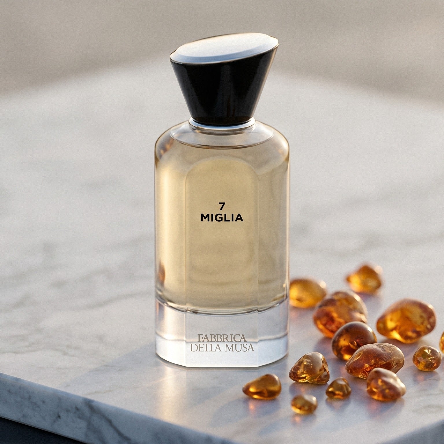Miglia Fabbrica della Musa EDP on pale sandstone with golden amber shards catching the light