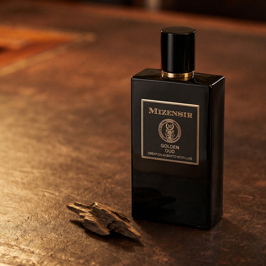 Mizensir Golden Oud EDP on cognac leather bench with a curled strip of birch bark nearby