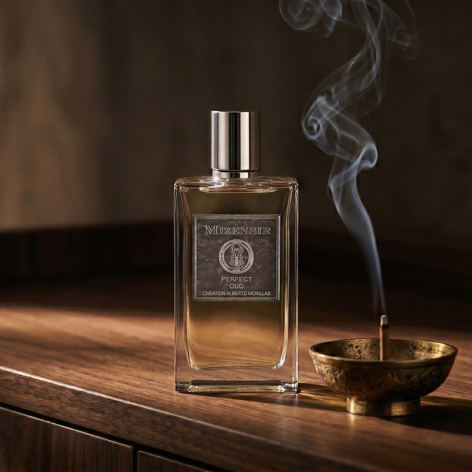 Mizensir Perfect Oud EDP on charcoal slate with a slender oud chip and drifting incense smoke