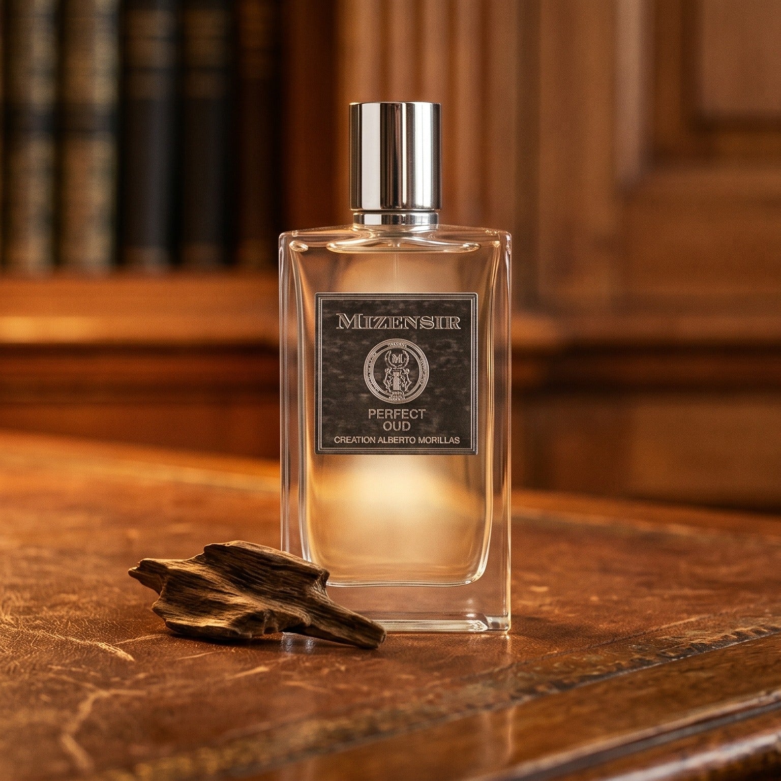 Mizensir Perfect Oud EDP on patinated leather tray with a pinch of frankincense beside the bottle