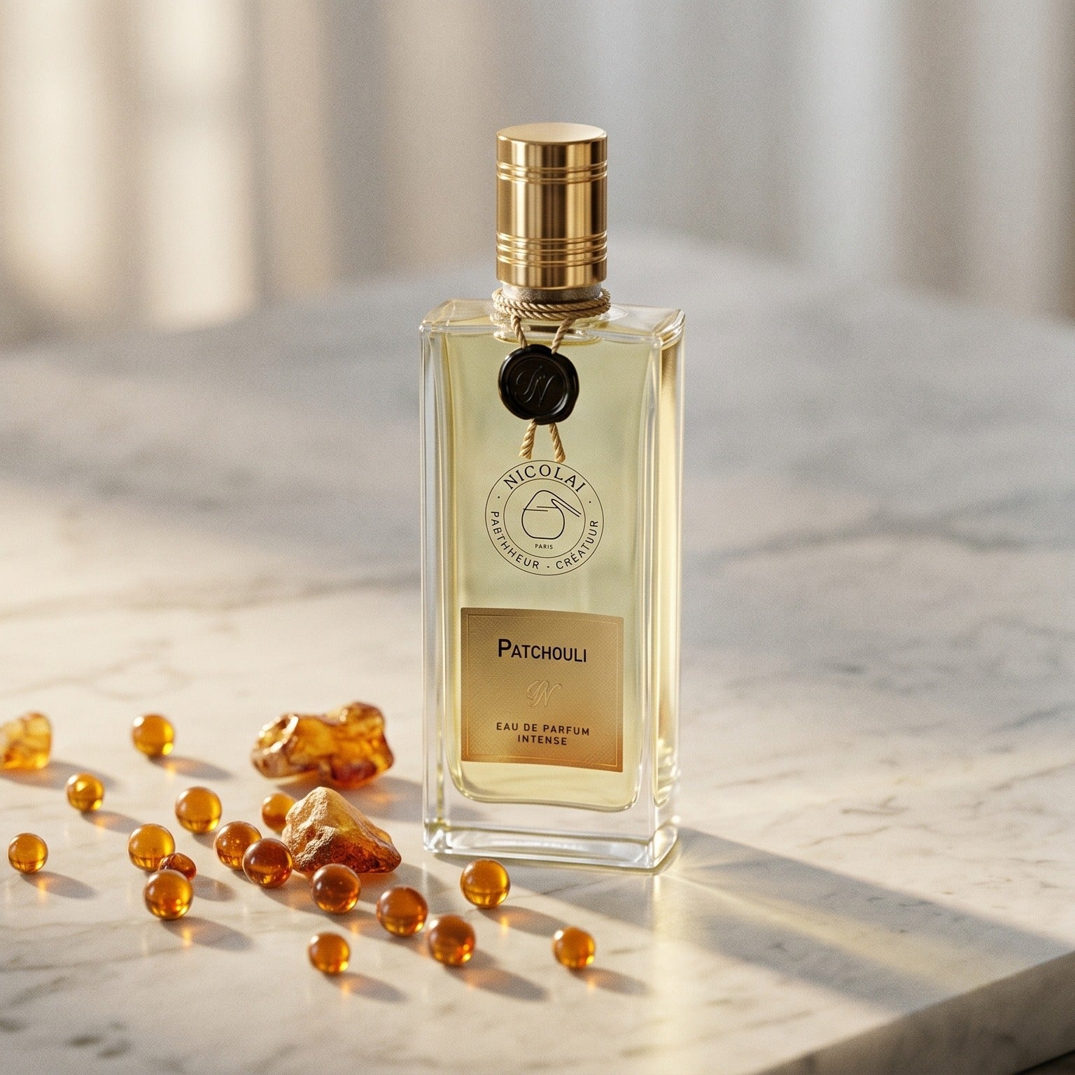 Nicolai Patchouli Intense EDP on cream stone with a scatter of honey-colored ambergris flakes